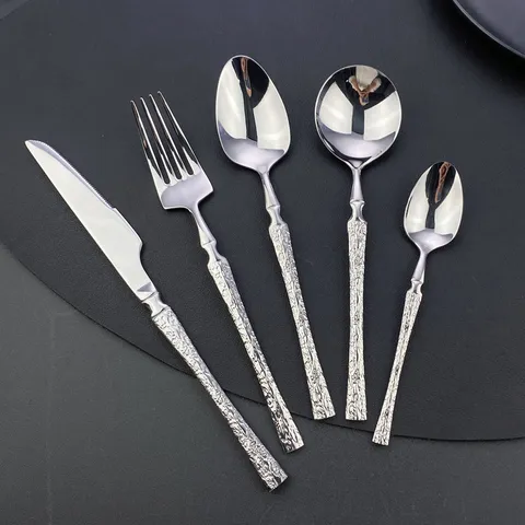 Ensemble de Vaisselle en Acier Inoxydable 304 Poignée Grain de Bois Couteau Fourchette Cuillère pour Hôtel Restaurant Dîner Moderne Minimaliste