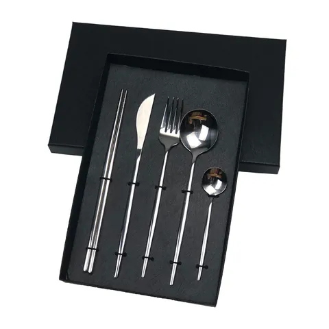 Ensemble de Couverts en Acier Inoxydable de Style Portugais Poignée Plate Poli Miroir Couteau Fourchette Cuillère Baguettes Avec Boîte Cadeau