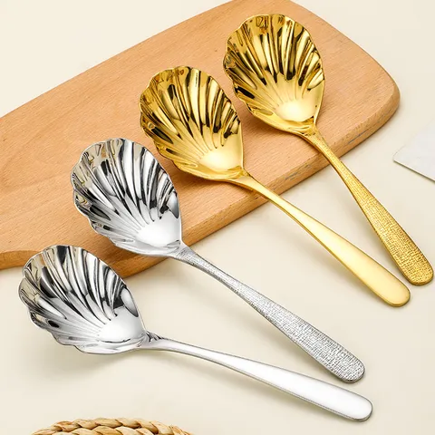Cuillère de Service Coquillage Élégante en Acier Inoxydable Poignée Martelée Créative Or Argent Vaisselle pour Hôtel Maison