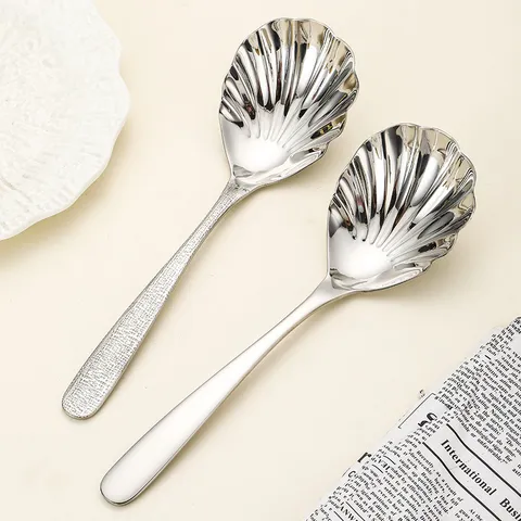 Cuillère de Service Coquillage Élégante en Acier Inoxydable Poignée Martelée Créative Or Argent Vaisselle pour Hôtel Maison