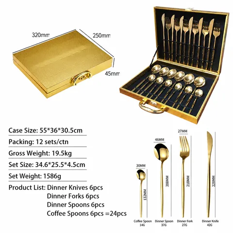 Juego de Cubertería de Acero Inoxidable de 24 Piezas Estilo Portugués Chapado en Oro con Caja de Regalo de Madera