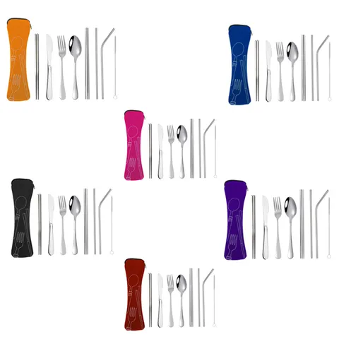 Ensemble de Vaisselle Portable en Acier Inoxydable Voyage Camping avec Sac de Rangement Couteau Fourchette Cuillère Baguettes Pailles