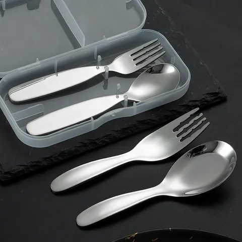 Ensemble Fourchette Et Cuillère d'Entraînement Pour Enfants En Acier Inoxydable Cuillère à Soupe Profonde Pour Tout-Petits Vaisselle Portable Avec Boîte De Rangement