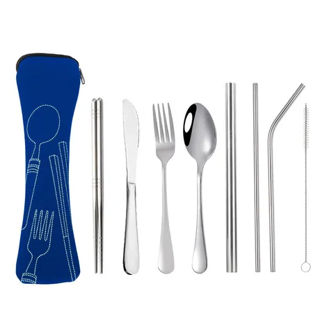 Ensemble de Vaisselle Portable en Acier Inoxydable Voyage Camping avec Sac de Rangement Couteau Fourchette Cuillère Baguettes Pailles