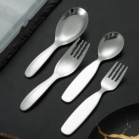 Ensemble Fourchette Et Cuillère d'Entraînement Pour Enfants En Acier Inoxydable Cuillère à Soupe Profonde Pour Tout-Petits Vaisselle Portable Avec Boîte De Rangement