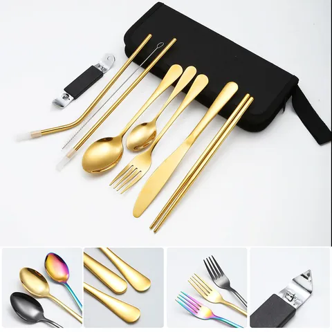 Set de Couverts Portables en Acier Inoxydable Couteau Fourchette Cuillère Baguettes Paille Camping Extérieur