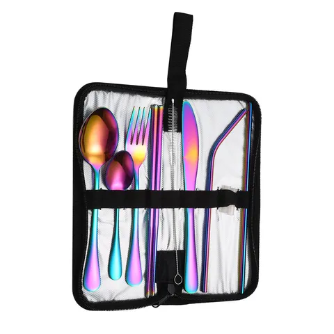 Set de Couverts Portables en Acier Inoxydable Couteau Fourchette Cuillère Baguettes Paille Camping Extérieur