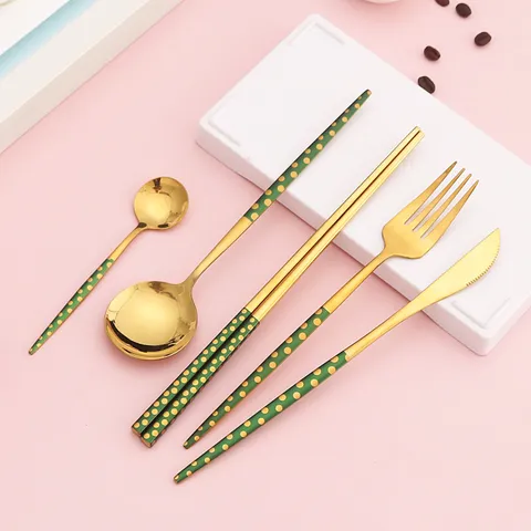 Nouveau Style Nordique Set de Couverts en Acier Inoxydable Poignée Verte Pois Dorés Couteau Fourchette Cuillère Baguettes Vaisselle