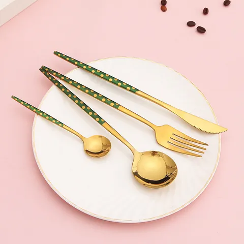 Nouveau Style Nordique Set de Couverts en Acier Inoxydable Poignée Verte Pois Dorés Couteau Fourchette Cuillère Baguettes Vaisselle