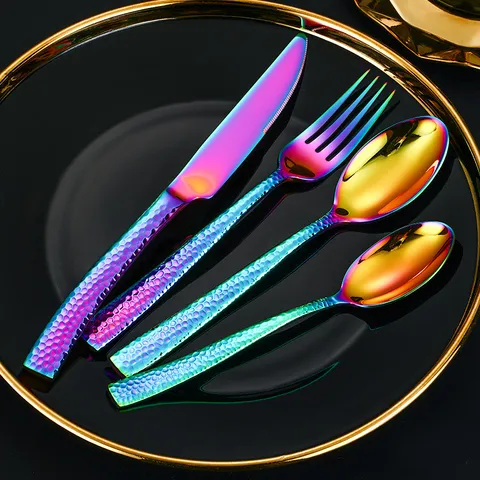 Ensemble de Couverts en Acier Inoxydable 304 Poignée Martellée Créative Couteau à Steak Ouest Fourchette Cuillère Vaisselle de Cuisine Or Argent