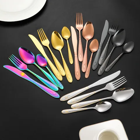 Ensemble de Couverts en Acier Inoxydable Or Argent Noir Or Rose Couverts Gaufrés Couteau Fourchette Cuillère pour Cuisine