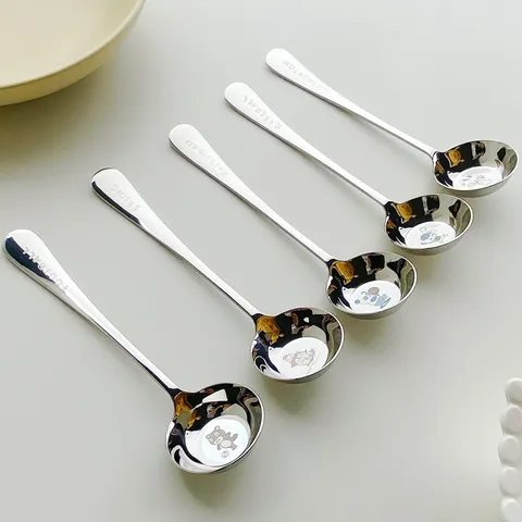 Cuillère à Long Manche pour Enfants en Acier Inoxydable 316 Mignon Animal de Dessin Animé Cuillère à Soupe Fond Plat Rond Profond Vaisselle