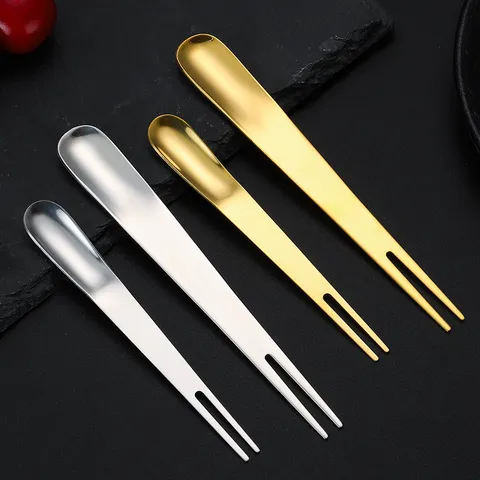 Fourchette à Fruits et Cuillère à Glace en Acier Inoxydable Deux en Un Petite Fourchette Doré Argenté Vaisselle de Cuisine