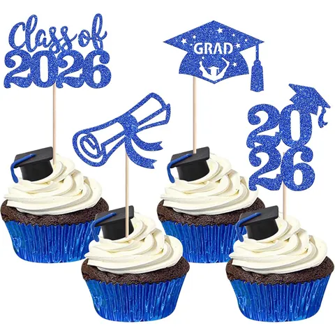Graduation Cake Toppers Class of 2026 Glitter Paper Cake Decorations Graduation Hat Scroll Cupcake Toppers Party Supplies