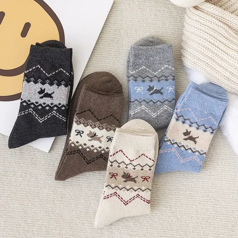 Retro Ethnic Style Thickened Wool Blend Crew Socks Women Winter Warm Rhombus Geometric Pattern Thermal Socks