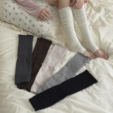 Women's Fall Winter Pure Cotton Stirrup Leg Warmers Ballet Style Lace Frill Slouch Calf Socks Solid Color Footless Stockings