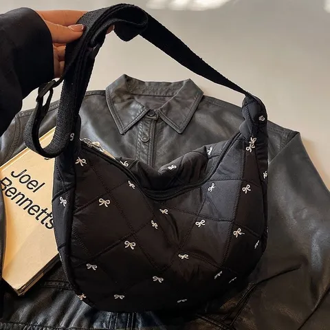 Women Casual Quilted Dumpling Bag Bow Embroidery Crossbody Shoulder Bag Winter Lightweight Commuter Tote Bag