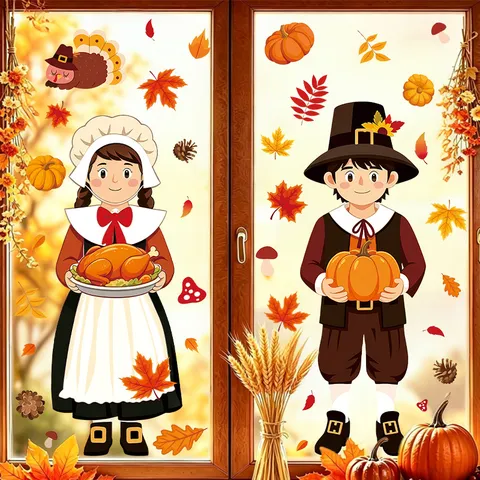 Thanksgiving Pumpkin Maple Leaf Scarecrow Window Static Sticker PVC Cartoon Autumn Showcase Glass Window Cling Decoration