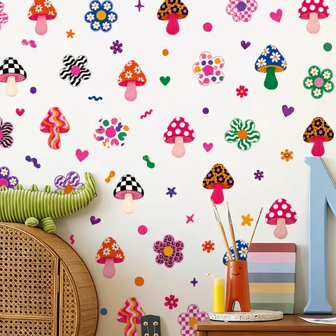 Bohemian Cartoon Pilz Blume Wandtattoos Für Kinderzimmer Deko PVC Selbstklebend Pflanzen Floral Wandaufkleber Für Kinderzimmer