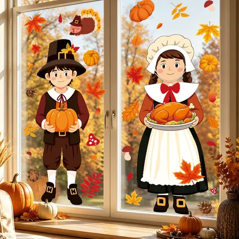 Thanksgiving Pumpkin Maple Leaf Scarecrow Window Static Sticker PVC Cartoon Autumn Showcase Glass Window Cling Decoration