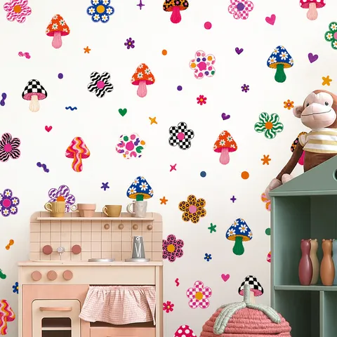 Bohemian Cartoon Pilz Blume Wandtattoos Für Kinderzimmer Deko PVC Selbstklebend Pflanzen Floral Wandaufkleber Für Kinderzimmer