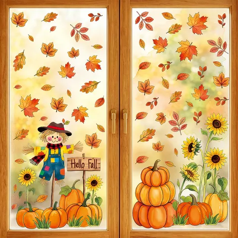 Autumn Thanksgiving Pumpkin Maple Leaf Window Clings PVC Static Sticker Scarecrow Sunflower Window Decals For Thanksgiving Fall Decor