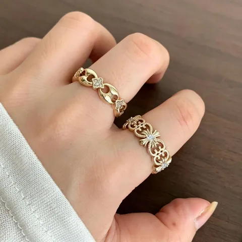 Bague en Alliage de Cuivre Rétro Dentelle Ajourée pour Femmes Or Or Rose Strass Bague Ouverte Style Français Élégant