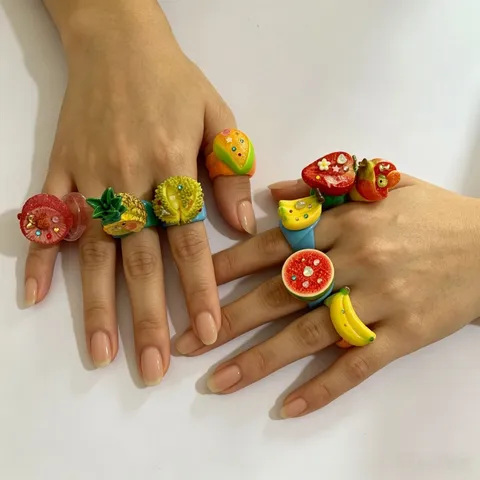 Bague Large en Acrylique Fruits Tropicaux Strass Style Y2K Bague en Résine Fraise Banane Pastèque Bijoux de Mode Pour Femmes