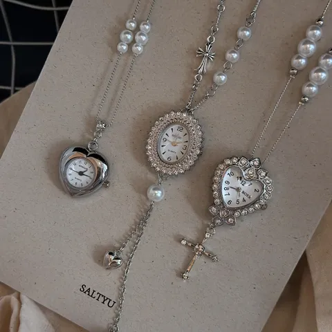 Vintage Copper Alloy Artificial Pearl Rhinestone Pocket Watch Cross Heart Pendant Long Sweater Chain For Women Jewelry