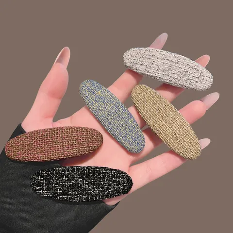 Barrette à Cheveux Ovale en Tissu Tweed Rétro Style Coréen Élégant Beige Noir Plaid Clip pour Femme Coiffure Mode