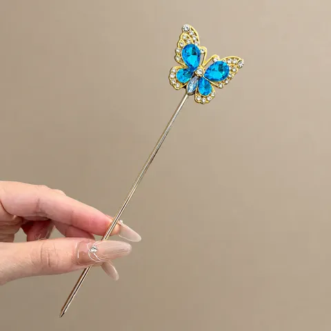 Neuer Chinesischer Stil Gold Schmetterling Haarnadel Blau Strass Kristall Haarschmuck Für Damen Hanfu Retro Kopfschmuck