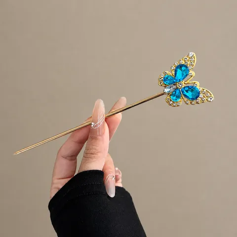 Neuer Chinesischer Stil Gold Schmetterling Haarnadel Blau Strass Kristall Haarschmuck Für Damen Hanfu Retro Kopfschmuck