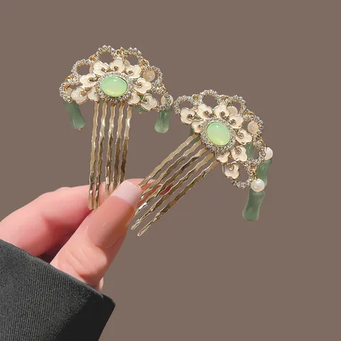Vintage New Chinese Style Bamboo Joint Tassel Hair Stick Alloy Rhinestone Artificial Pearl Hair Fork For Women Hanfu Cheongsam Accessory