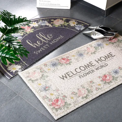 American Style Entryway Door Mat Half Round and Rectangular PVC Silk Loop Floor Mat Floral Anti-Slip Dirt Trapper Doormat for Home Hallway