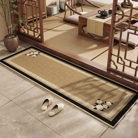 New Chinese Style Linen Floor Mat Anti-Slip Entrance Door Mat Long Hallway Rug Vintage Bamboo Floral Pattern Indoor Foot Pad