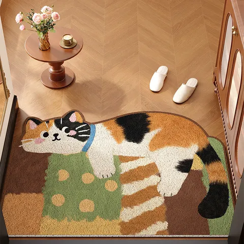 Cartoon Cat Silk Loop Entrance Door Mat Anti Slip Dirt Resistant Floor Mat Welcome Foot Mat For Home Hallway
