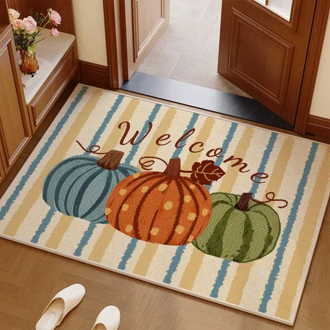 American Retro Imitation Linen Door Mat Pumpkin Print Non Slip Dirt Resistant Welcome Entryway Floor Mat Home Decor