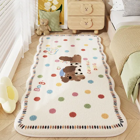 Thickened Cashmere Imitation Bedroom Bedside Carpet Cute Cartoon Animal Pattern Wavy Edge Anti Slip Floor Mat Home Rug