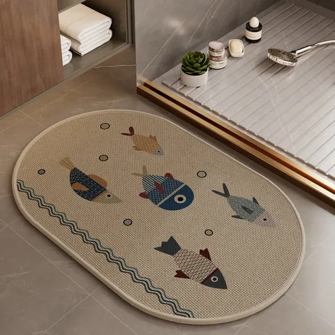 Linen Kitchen Floor Mat Water Absorbent Non Slip Cute Cartoon Animal Print Oval Door Mat For Porch Bathroom