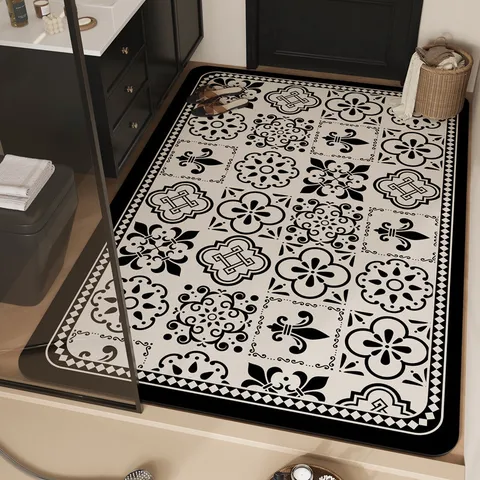 American Vintage Bathroom Diatom Mud Floor Mat Absorbent Quick Drying Anti Slip Mat Geometric Floral Pattern Home Decor Floor Carpet
