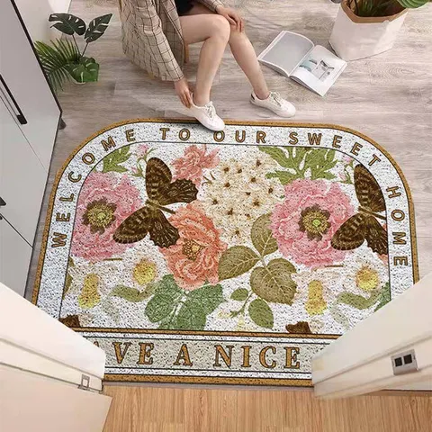 American Retro PVC Silk Loop Doormat Floral Pattern Non Slip Dirt Trapper Floor Mat For Entryway Home Hallway