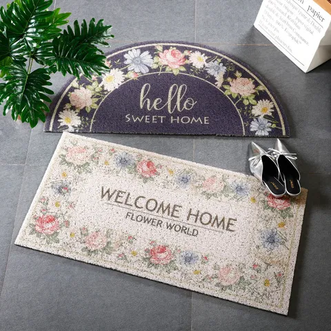 American Style Entryway Door Mat Half Round and Rectangular PVC Silk Loop Floor Mat Floral Anti-Slip Dirt Trapper Doormat for Home Hallway