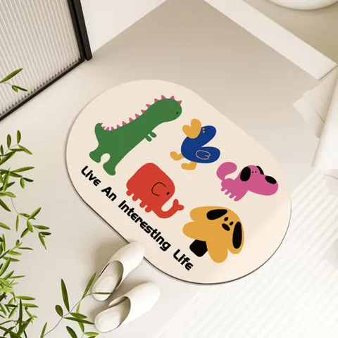 Cute Cartoon Animal Absorbent Floor Mat Soft Diatomaceous Mud Bathroom Non-Slip Door Mat Oval Home Decor Foot Mat