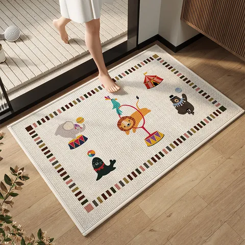 Cartoon Tier Druck Leinen Bodenmatte Saugfähig Rutschfest Badematte Süßes Hundedesign Waschbarer Heimteppich Für Badezimmer