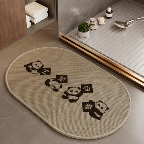 Linen Kitchen Floor Mat Water Absorbent Non Slip Cute Cartoon Animal Print Oval Door Mat For Porch Bathroom