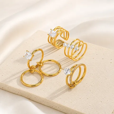 Luxury Stainless Steel Stackable Rhinestone Rings For Women Geometric Multi Layer Open Finger Ring Fashion Jewelry Accessory