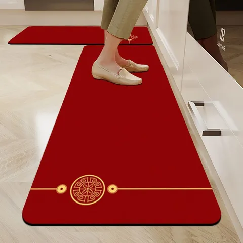 New Chinese Style Red Kitchen Floor Mat Non-Slip Absorbent Rug Traditional Auspicious Pattern Hallway Carpet Home Decor