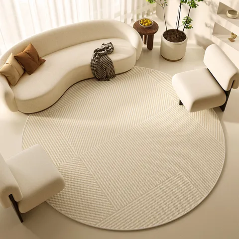 French Retro Style Round Rug For Living Room Bedroom Minimalist Geometric Pattern Polyester Circle Carpet Home Decor
