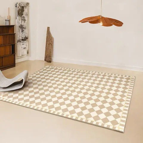 American Retro Checkerboard Imitation Cashmere Carpet Geometric Living Room Rug Anti Slip Washable Floor Mat