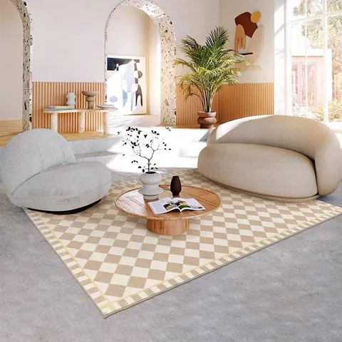 American Retro Checkerboard Imitation Cashmere Carpet Geometric Living Room Rug Anti Slip Washable Floor Mat